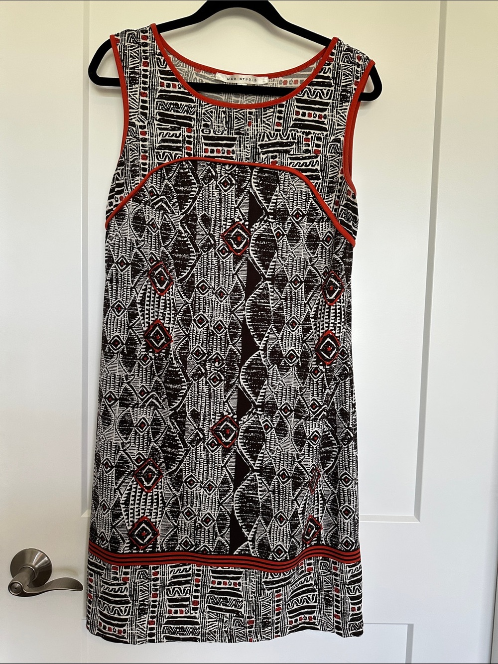 Max Studio Black & White Geometric Mini Dress with Red Trim